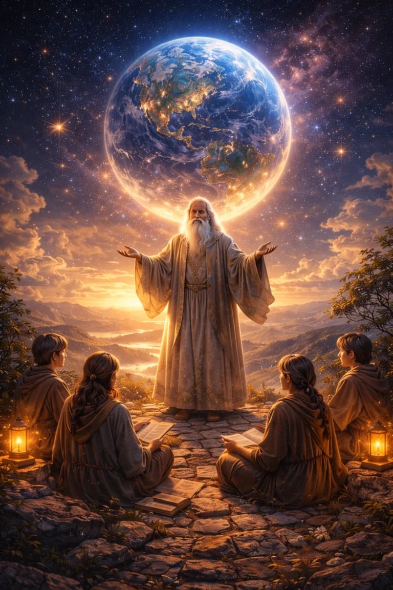 An elderly, bearded man in flowing robes stands with arms raised, surrounded by four seated children at sunset. Glowing lanterns light the scene as a radiant Earth floats above—an enchanting moment from The Earth Game against a starry sky.