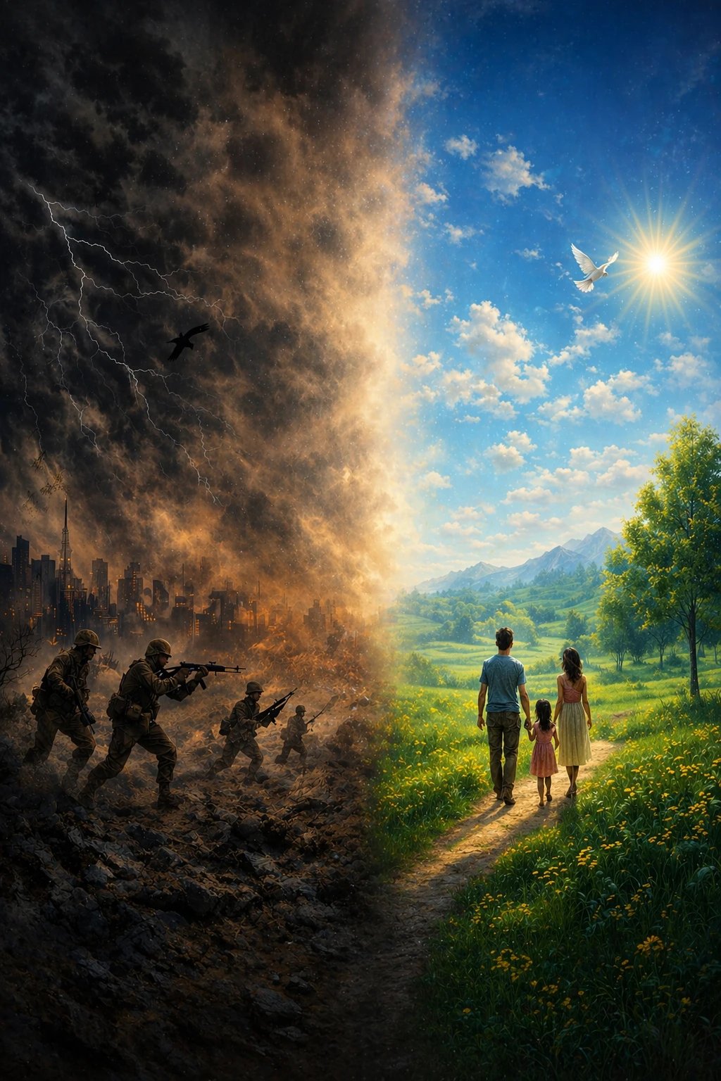 The image is split in two: on the left, soldiers advance through a dark, stormy, war-torn landscape; on the right, a family walks hand-in-hand through a bright, peaceful meadow under a shining sun and blue sky.