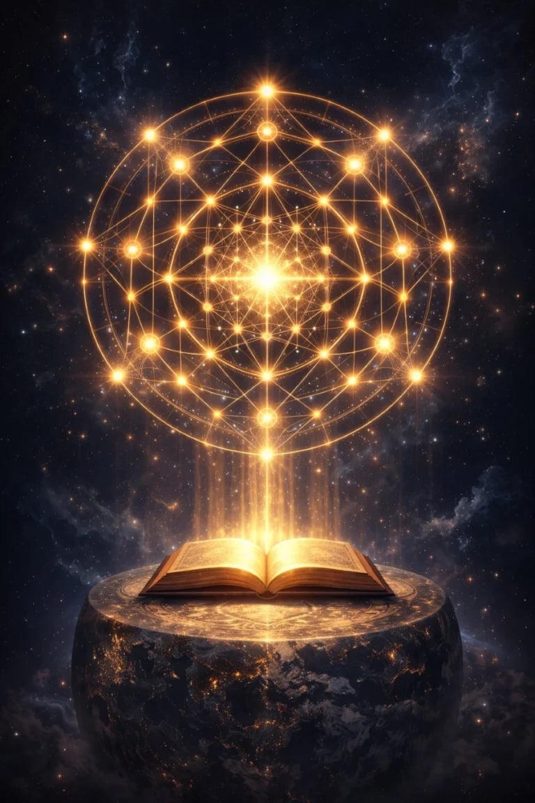 An open book glows atop a round pedestal, with radiant, intricate golden geometric patterns—echoing Divine Architecture—and lights rising above it against a cosmic, starry background.