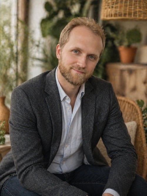 A man with short blonde hair and a beard, wearing a gray blazer over a light blue shirt, sits indoors on a wicker chair surrounded by plants and wooden decor, smiling gently at the camera.