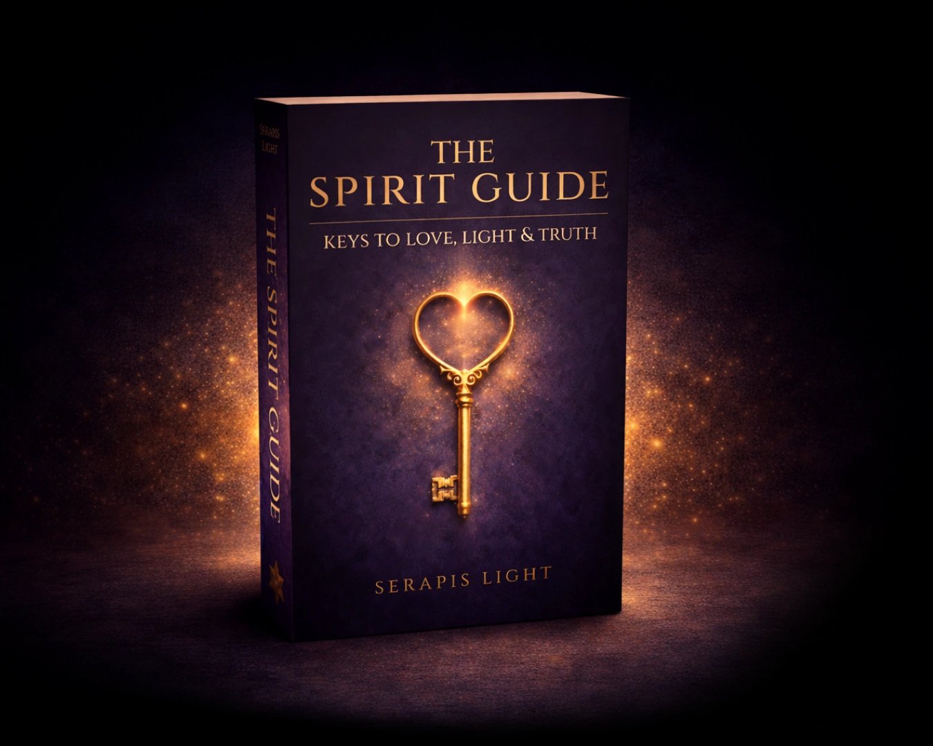 A book titled The Spirit Guide: Keys to Love, Light & Truth by Serapis Light stands upright. The cover is dark purple with a glowing golden key shaped like a heart, surrounded by a mystical, radiant light.
