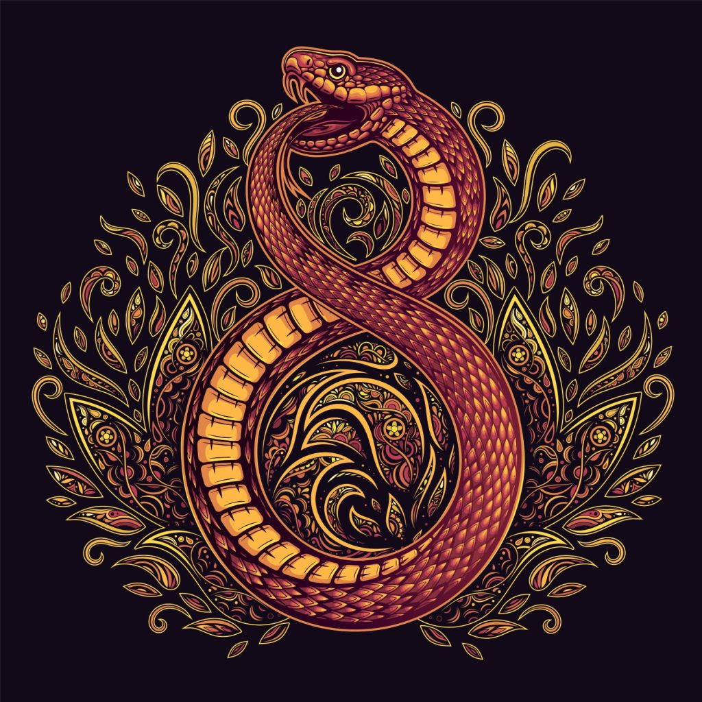 Ouroboros snake with a pattern around it, symbolizes Karma