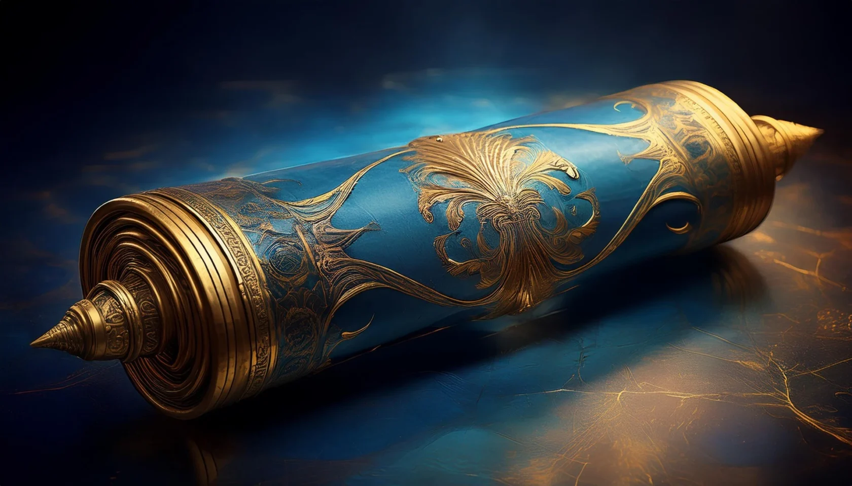 a blue and gold Atlantis scroll with gold designs, Sacred Declaration