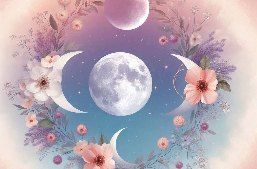 moon phases with flowers and plants