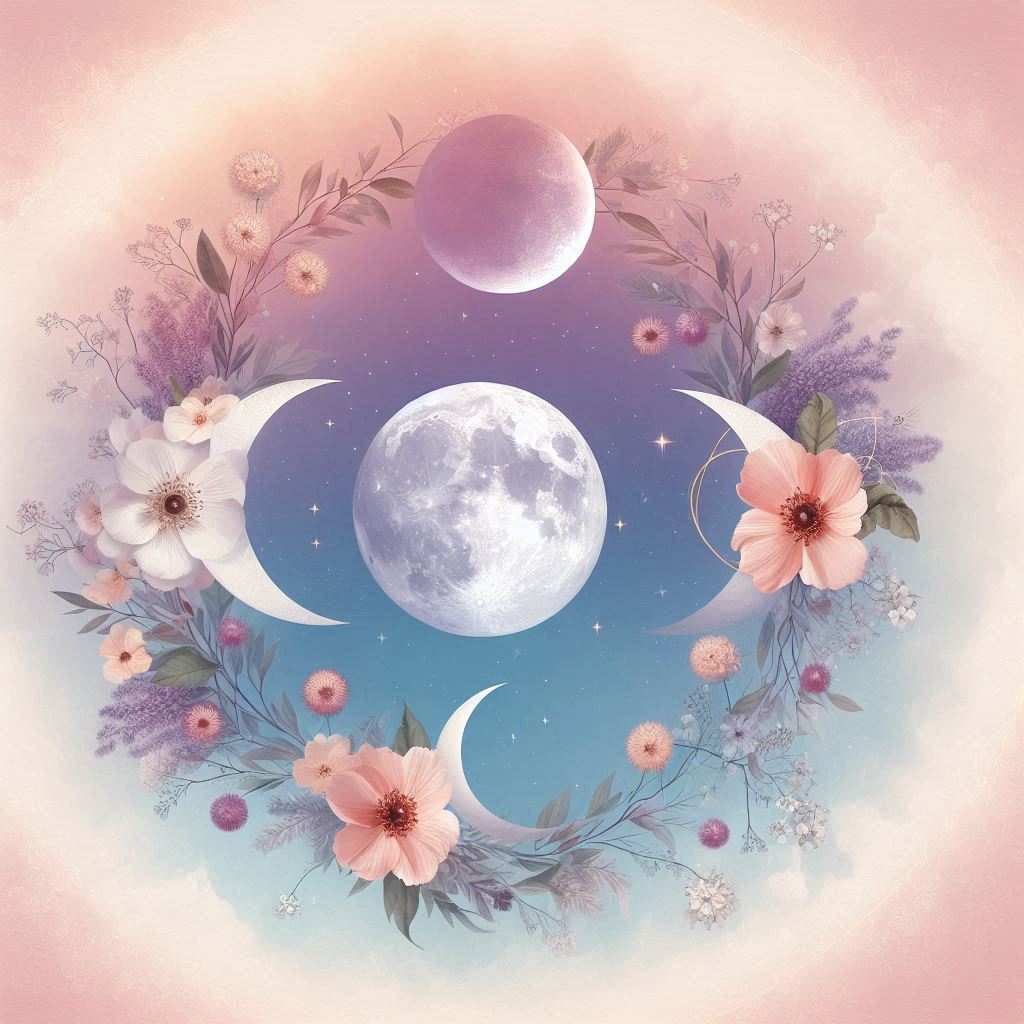 moon phases with flowers and plants