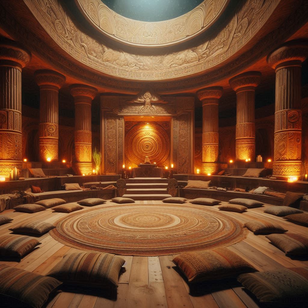 Sacred Atlantean Temple with cushions ambient light inviting for meditation