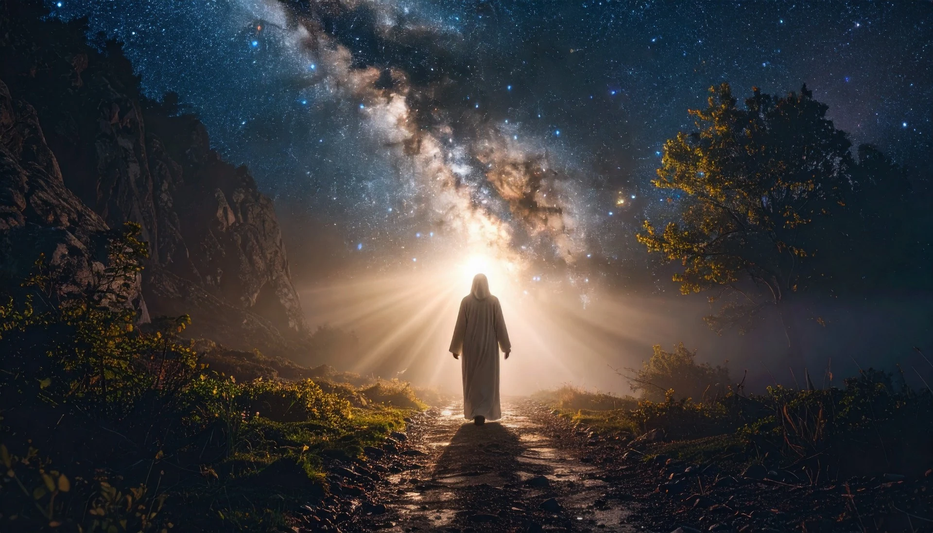 Enlightened Human walking Spiritual Path and receiving Light Help Enlightened Human walking Spiritual Path and receiving Light Help