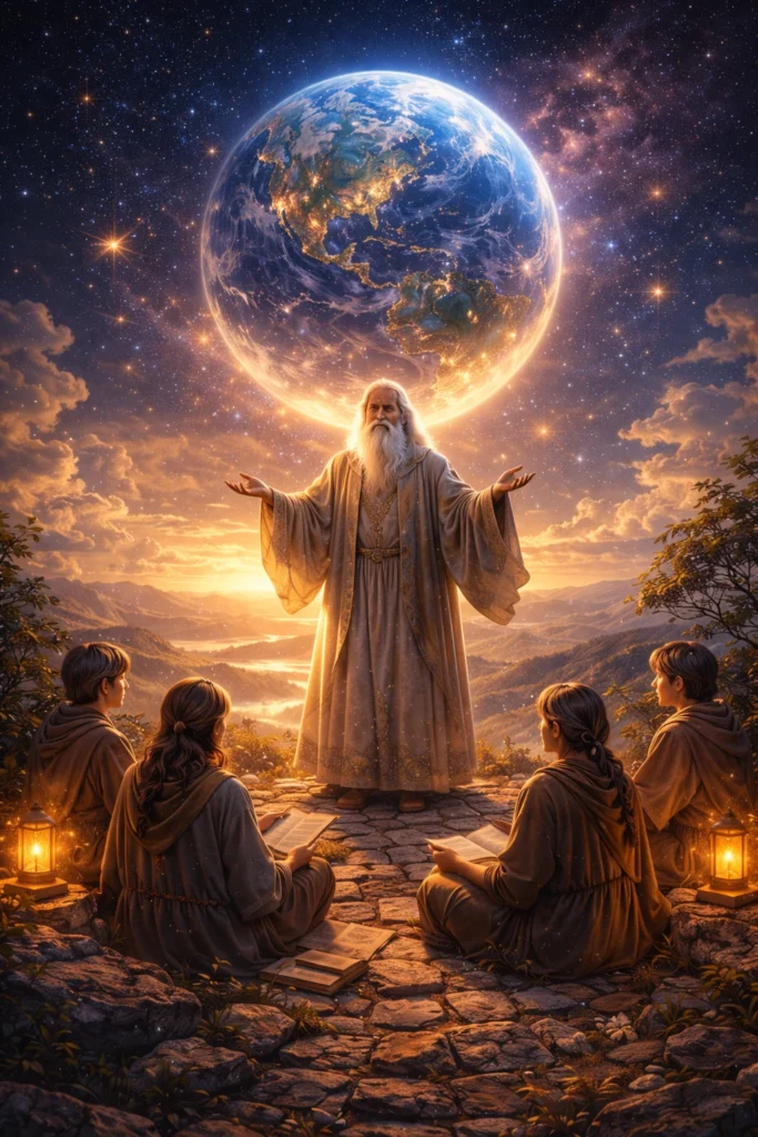 Key 1 The Earth Game - Remembering Why You Came An elderly, bearded man in flowing robes stands with arms raised, surrounded by four seated children at sunset. Glowing lanterns light the scene as a radiant Earth floats above—an enchanting moment from The Earth Game against a starry sky.