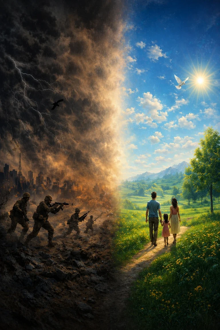 The image is split in two: on the left, soldiers advance through a dark, stormy, war-torn landscape; on the right, a family walks hand-in-hand through a bright, peaceful meadow under a shining sun and blue sky.