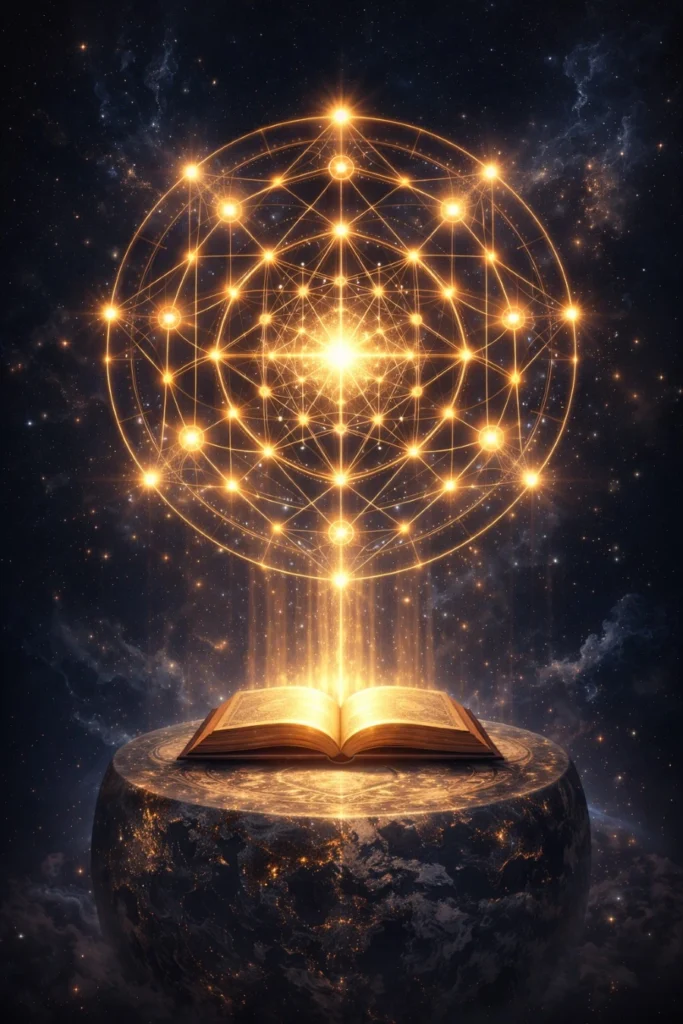 Key 4 Universal Laws An open book glows atop a round pedestal, with radiant, intricate golden geometric patterns—echoing Divine Architecture—and lights rising above it against a cosmic, starry background.
