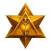A golden key with a heart-shaped handle rests at the center of an ornate, multi-layered six-pointed star, emitting a radiant glow. The star features intricate patterns and a symmetrical, three-dimensional design.