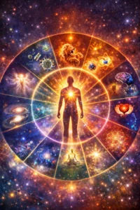 A silhouette stands at the center of a glowing zodiac wheel, vibrant cosmic symbols and celestial patterns radiating outward to evoke the mysteries of The 12 Dimensions against a colorful, star-filled galaxy background.
