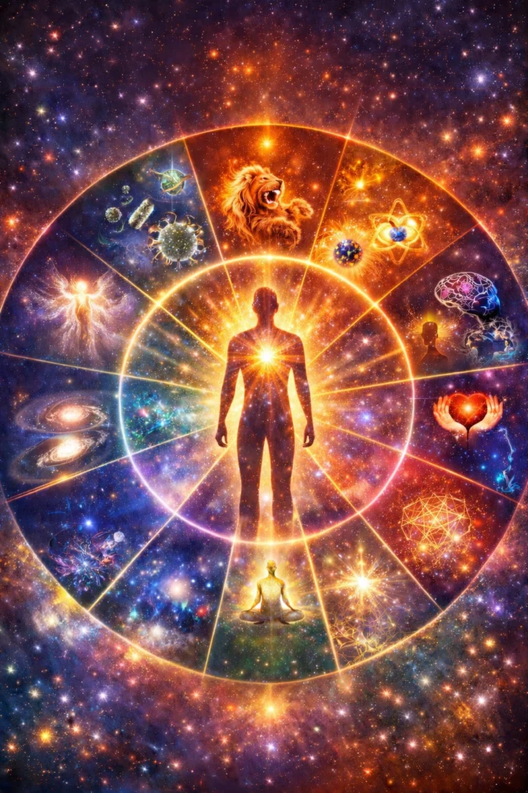 A silhouette stands at the center of a glowing zodiac wheel, vibrant cosmic symbols and celestial patterns radiating outward to evoke the mysteries of The 12 Dimensions against a colorful, star-filled galaxy background.