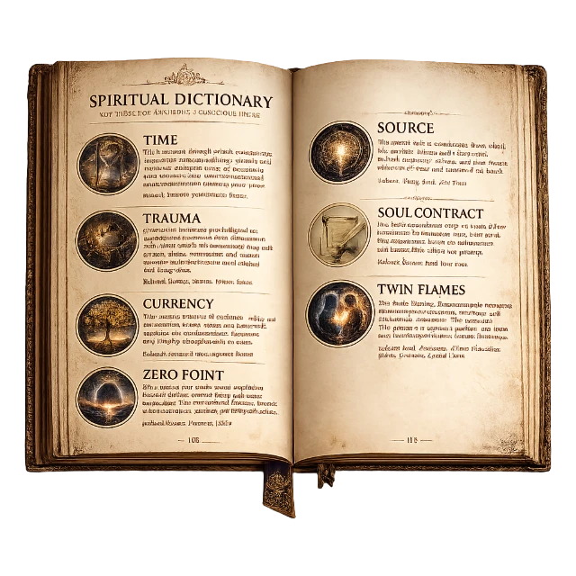 Spiritual Dictionary An open book titled Spiritual Dictionary with aged pages displays definitions for spiritual terms like Time, Trauma, Currency, Zero Point, Source, Soul Contract, and Twin Flames, each with a circular illustration beside it.
