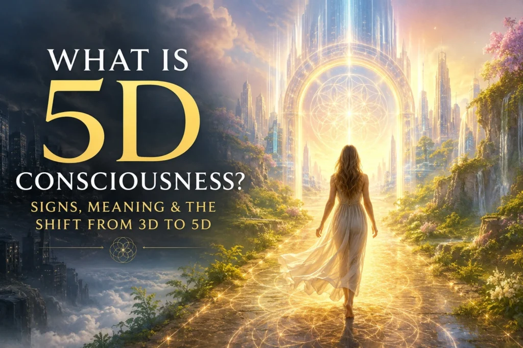 What is 5D Featured Image A woman in a flowing white dress walks on a glowing path toward a radiant, golden, futuristic city. Text reads: What is 5D Consciousness? Signs, Meaning & The Shift from 3D to 5D.