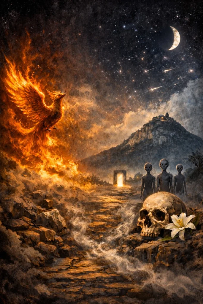 Key 33 The Hero's Journey A fiery phoenix rises from flames beside a path leading to a glowing doorway. Three aliens stand near a large skull with a white lily, under a starry sky with a crescent moon and shooting stars, set by a mountain.