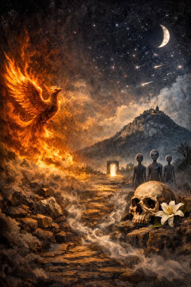 Key 33 The Hero's Journey A fiery phoenix rises from flames beside a path leading to a glowing doorway. Three aliens stand near a large skull with a white lily, under a starry sky with a crescent moon and shooting stars, set by a mountain.