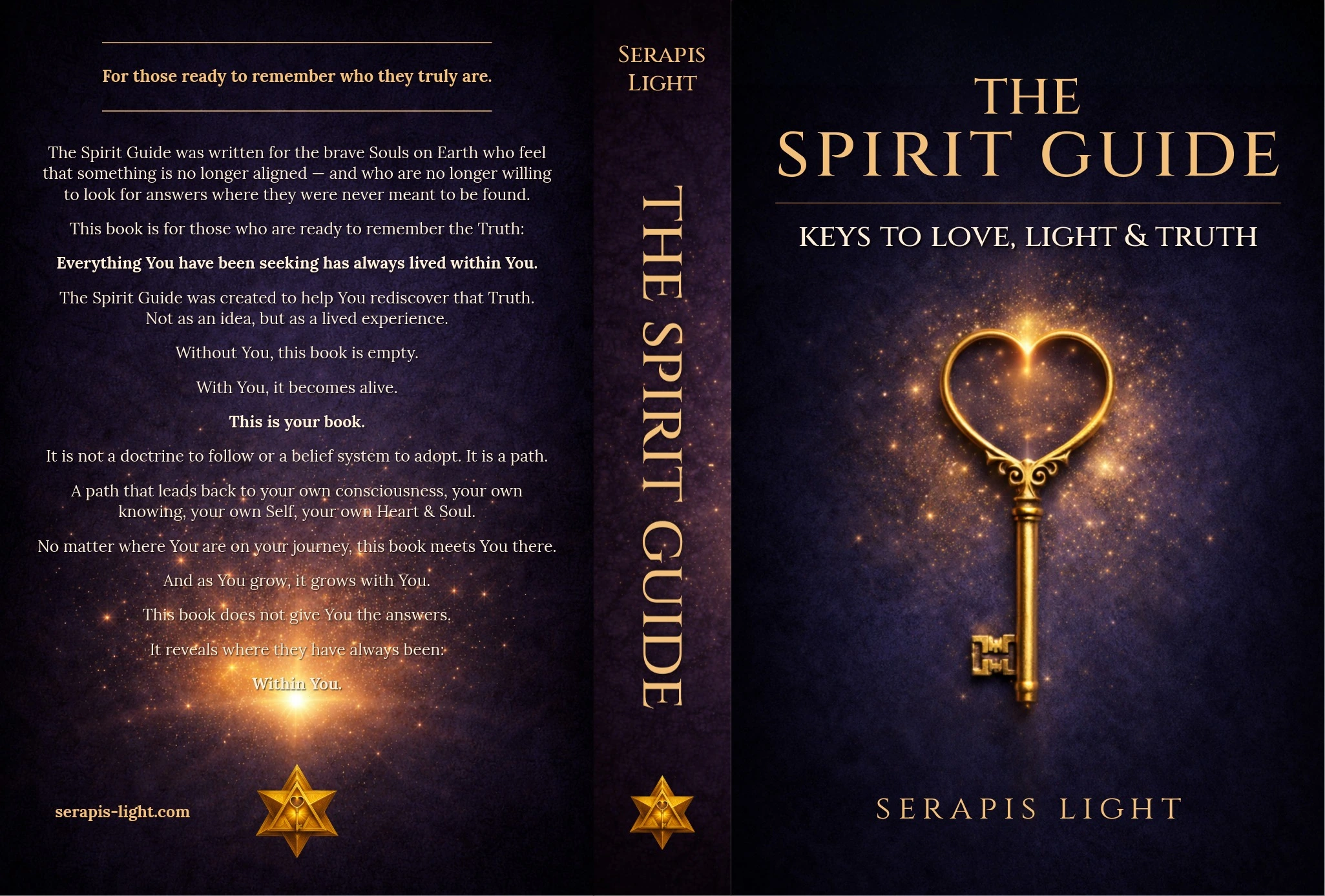 A book titled The Spirit Guide: Keys to Love, Light & Truth by Serapis Light, featuring a glowing golden key shaped like a heart on a dark background.