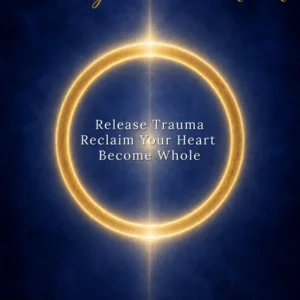 Book cover with a glowing golden ring on a dark blue background. Text: The Forgiveness Workbook. Release Trauma, Reclaim Your Heart, Become Whole. Author: Serapis Light.